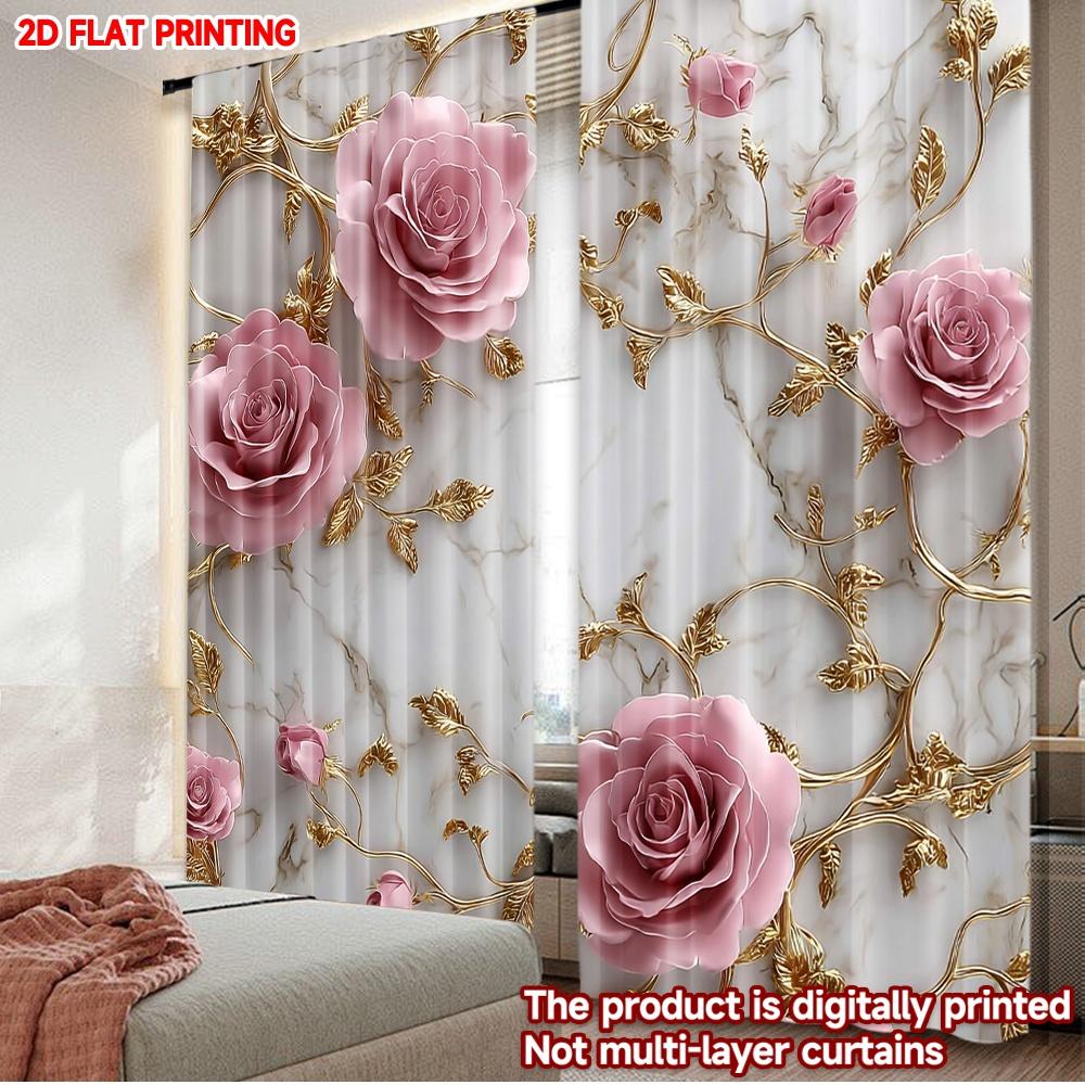 

Set Of 2 Elegant Luxury Rose Gold Curtains Pink Roses Golden Vines Marble Background Living Room Decor Curtain Polyester Ideal For W100*H70(CM)-Grommet top&1PCS