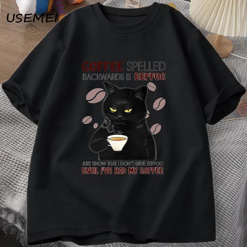 Coffee Spelled Backwards Cat T-shirt Funny Cute Graphic Tees Summer Unisex Cotton ONcek T Shirt Mens Clothes Oversized