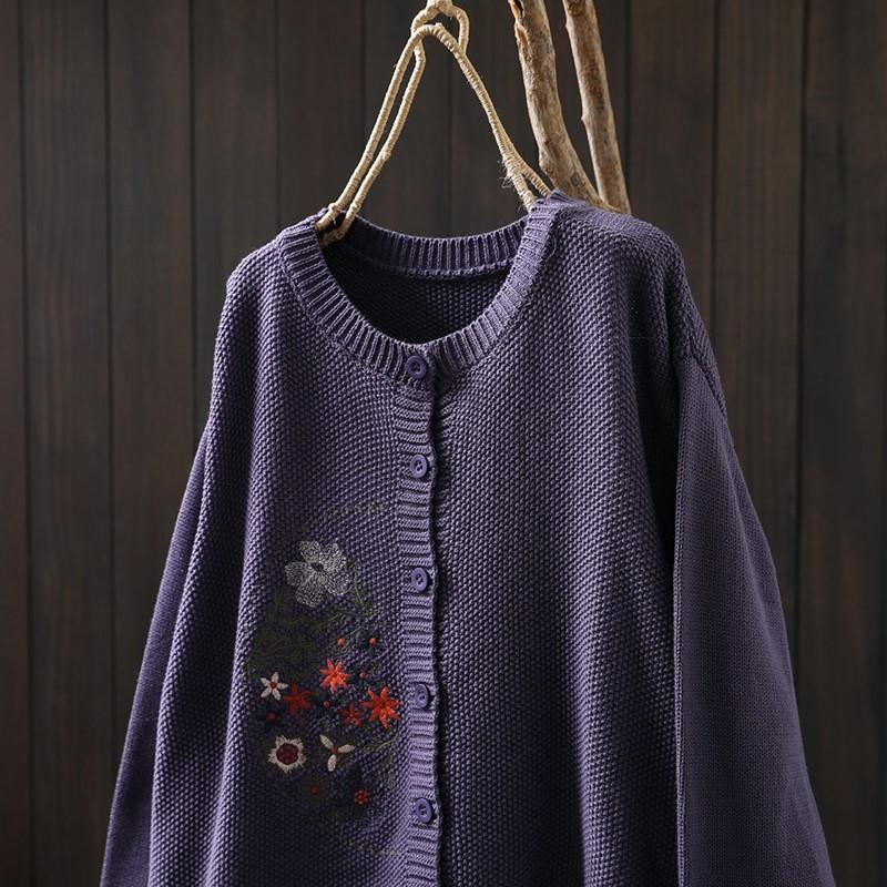 Johnature Women Vintage Embroidery Floral Sweaters O-Neck Long Sleeve Solid Color Button Knitted Autumn Sweaters