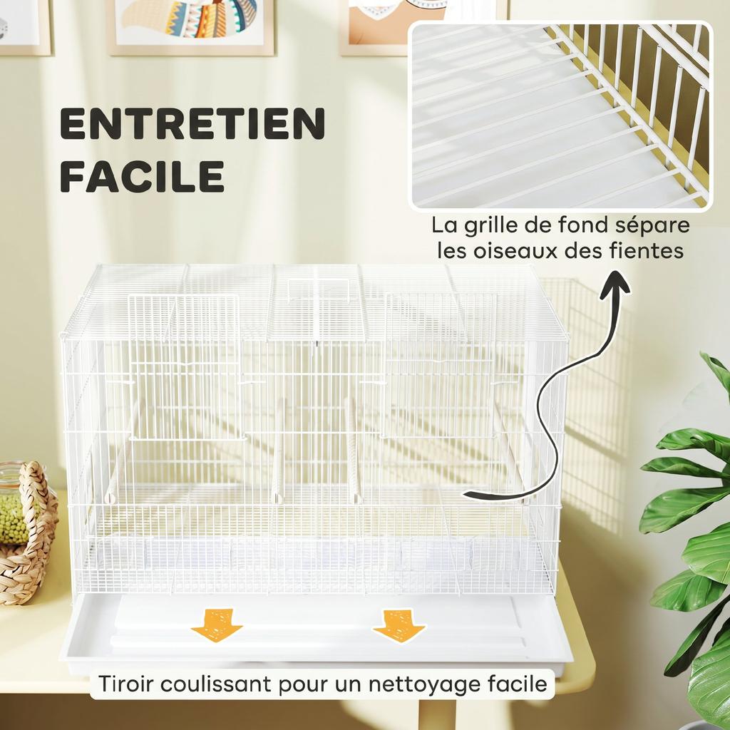 Birdcage Aviary, Steel Indoor, Divider, 4 Perches, Sliding Tray, 4 Feeders, 76 x 46 x 46 cm, White