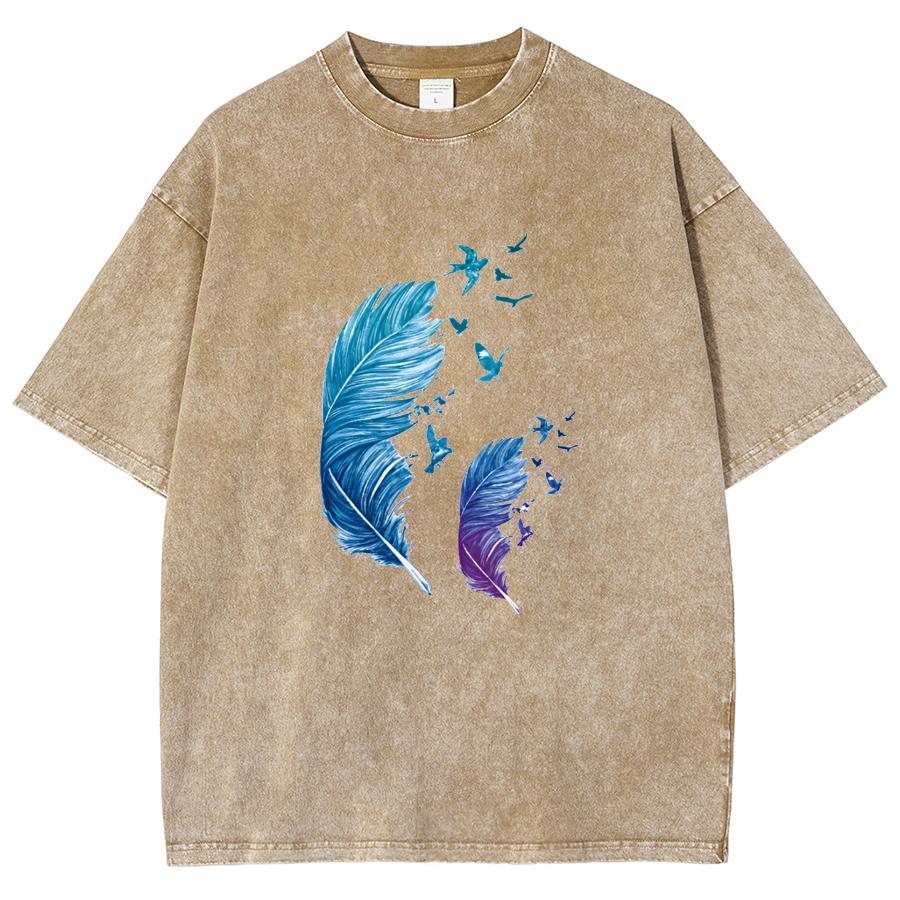Washed Denim Women's Color Collision Girls Feather Abstract Printing Casual T-shirt Women's Basic Models Round Neck