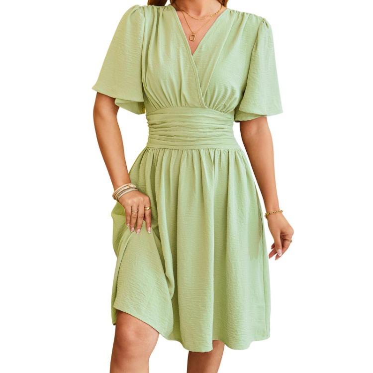 Summer Casual V Neck Short Sleeve A Line Midi Dress Women Solid Color Fashion Dress