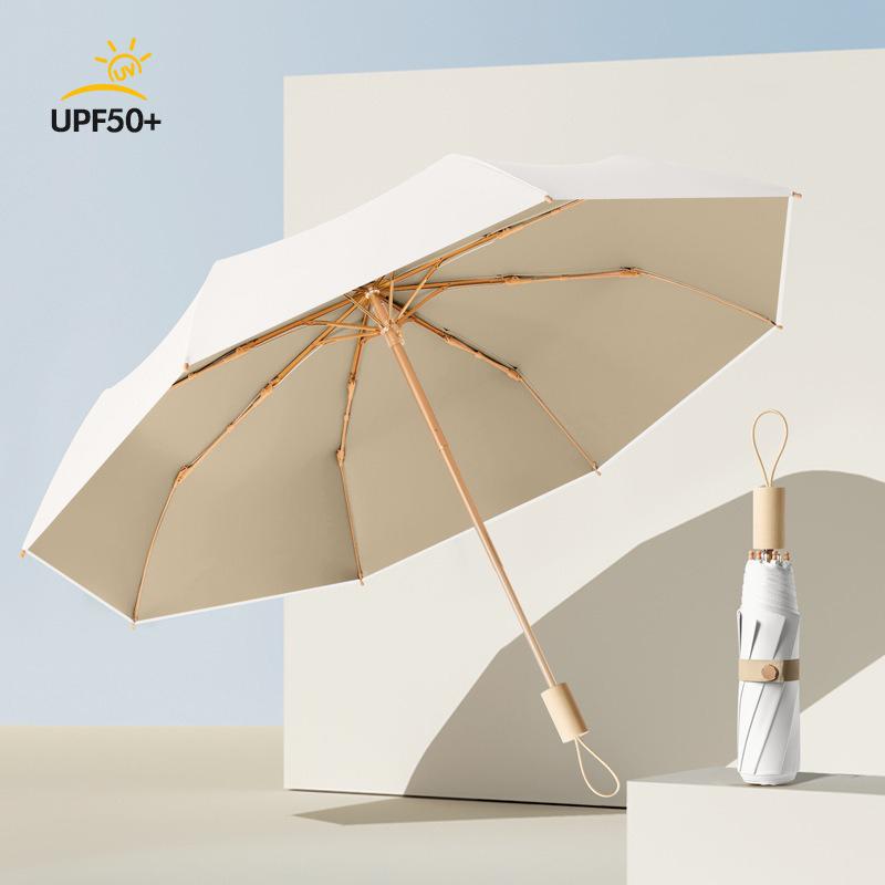 Cheap Gold Frame Custom Logo Umbrellas Small UV Wooden Handle Umbrella Sun Rain Three Fold Manual Umbrella for Girls