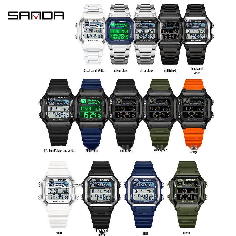 Sanda Men's Outdoor Sports Electronic Watch - Multifunctional, Waterproof, with Countdown and Snooze Feature.