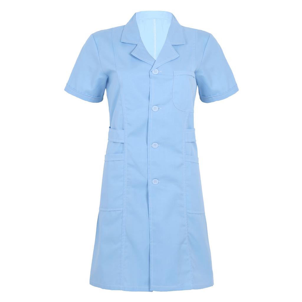 Hospital Lab Coat Uniform S-XXL for Women Adults - Solid Color Scrub Dress with Lapel Collar Short Sleeve and Button Front