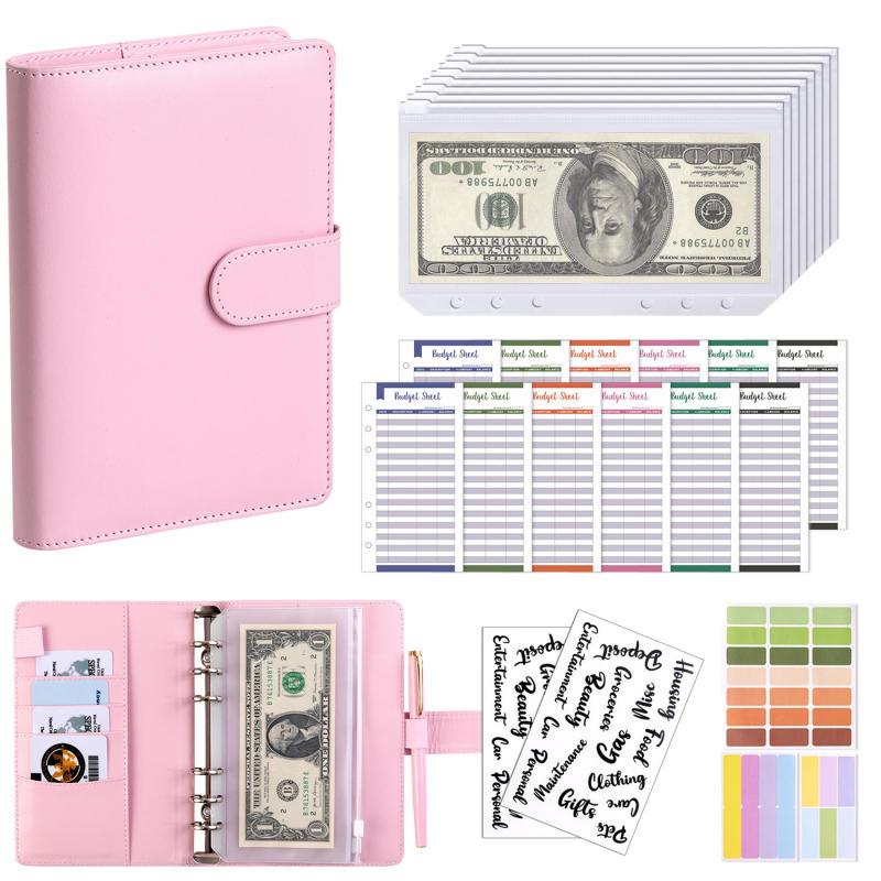 A6 PU Leather Budget Binder Notebook Cash Envelopes System Set with Binder Pockets for Money Budget Saving Bill Organizer