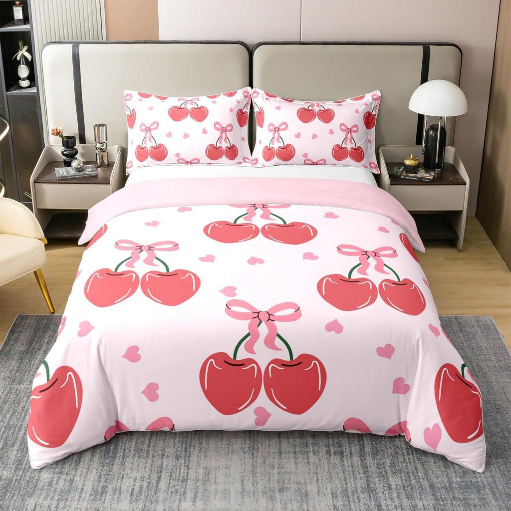 Red Cherry Printed Bedding Set Cartoon Tropical Fruit Duvet Set Three-Piece Set