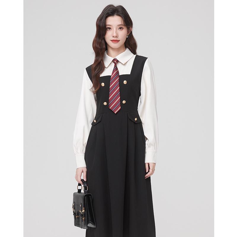 Autumn and winter leave two-piece splicing waist long-sleeved dress teaching interview skirt