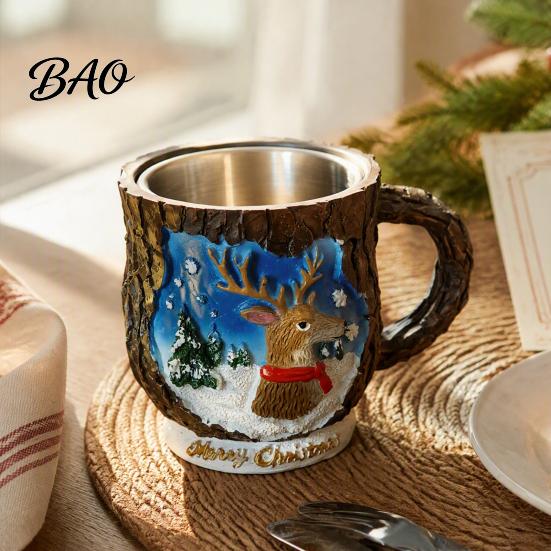 Creative Holiday Gifts Christmas Theme Mug with Stainless Steel Liner, 3D Relief Hand Home Ornaments Painted Resin Coffee Cup, Decorative Drinkware