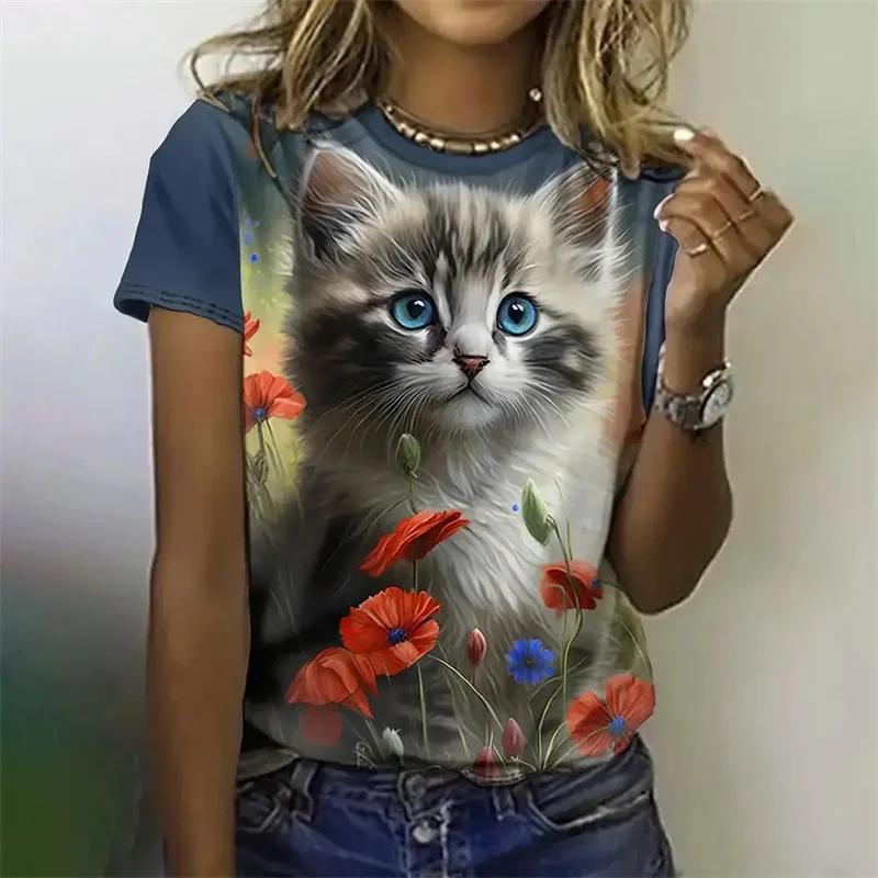 3D Printed Artistic Cat Pattern Women's T-Shirt Fun Animal Pet Design Summer Casual Short Sleeve Round Neck Top