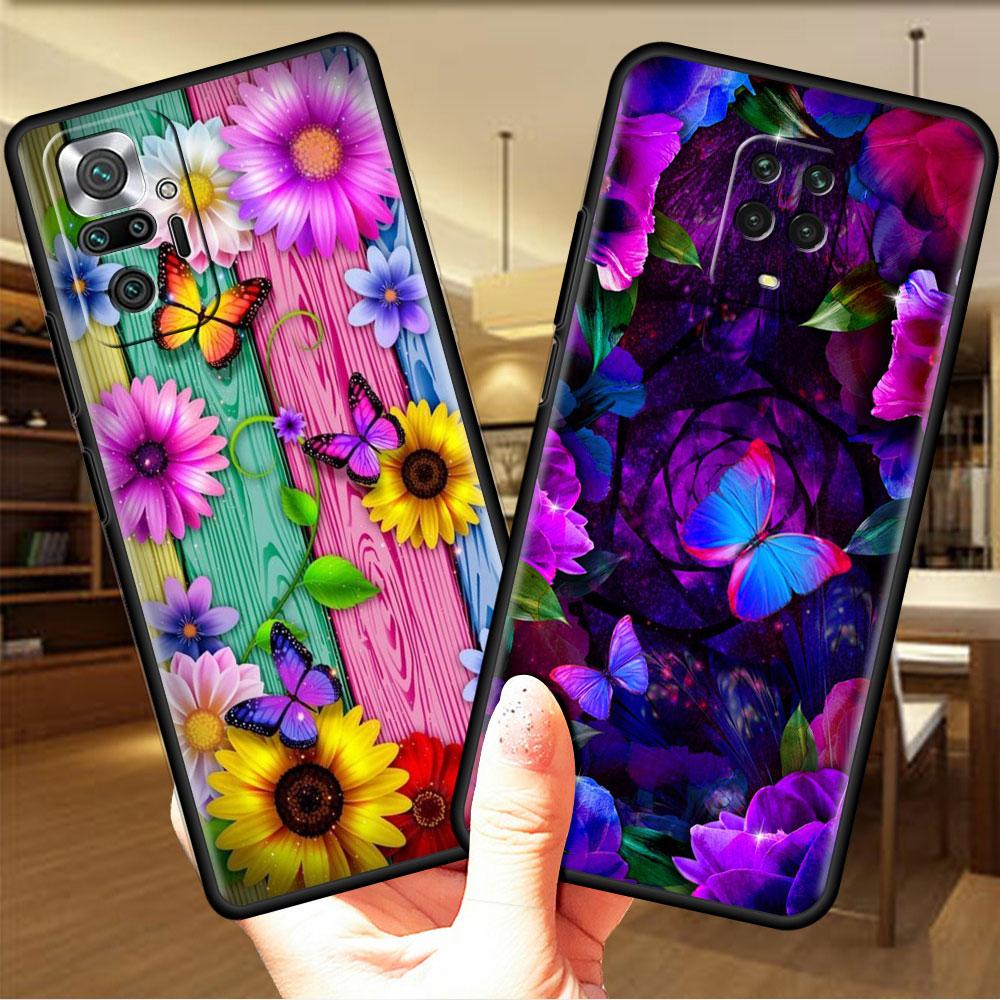 Funda Für Xiaomi Redmi Hinweis 10 9 11 Pro Weiche Telefon Fall 10S 9S K40 8 9A 9C 9T 7 10C 8T Silikon Abdeckung Diamant Blume Schmetterling