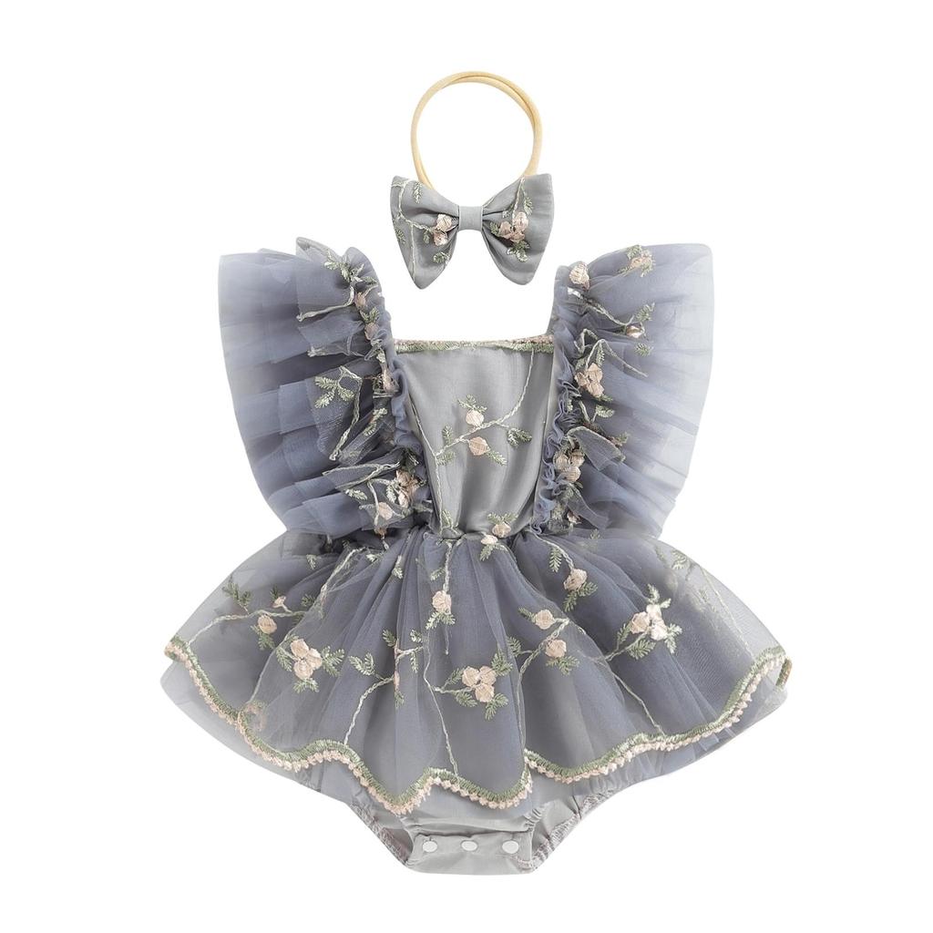 Infant Baby Girls Romper Dress Fly Sleeve Square-Neck Floral Embroidery Tulle Jumpsuit with Bow Headband