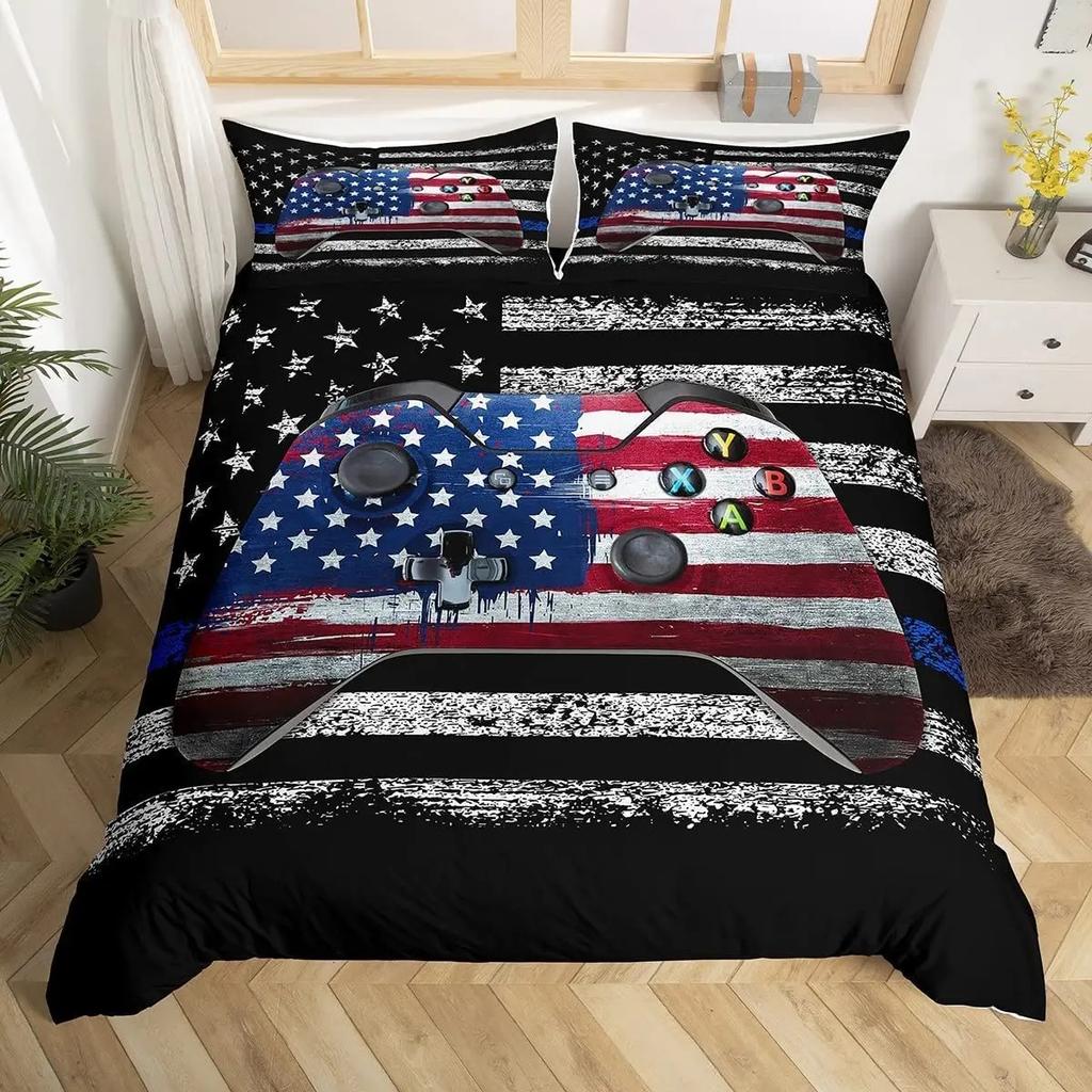 Gamepad Duvet Cover Set Queen Video Game Twin Bedding Set Microfiber Green Cartoon Gamer Pattern Electronic Theme Quilt Cover