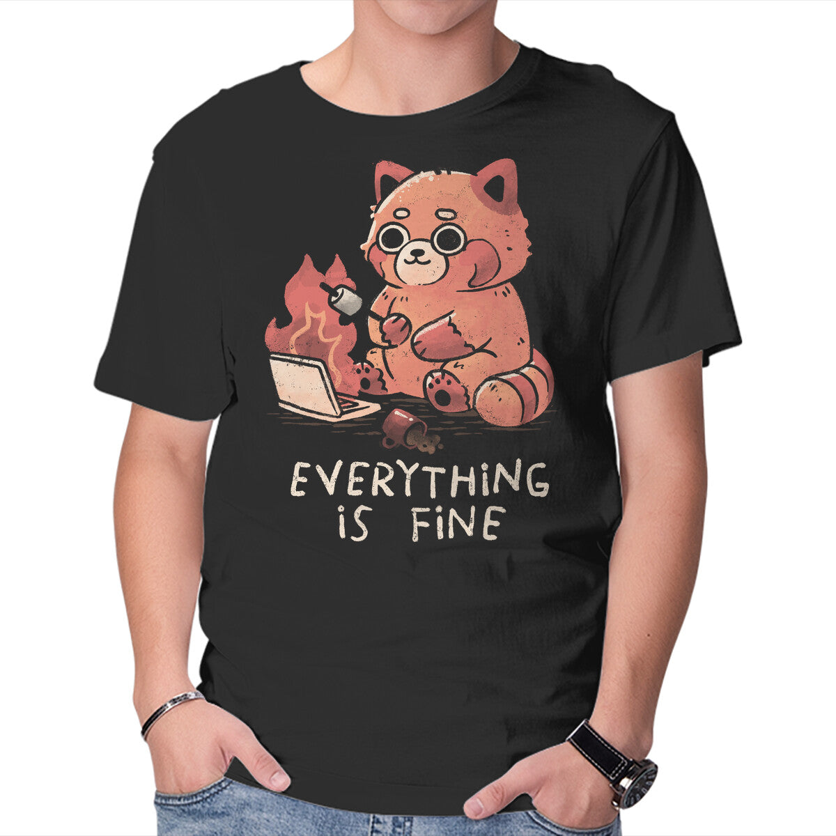 Unisex Crew Neck T-Shirt Red Pand Everything Is Fine Graphic Short Sleeve Casual Tee S