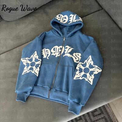 RogueWave Zip-Hoodie Schneeflocken-Buchstabendruck Goth Punk Sweatshirt Sportjacke Pullover Langarm Übergroßer Hoodie Y2k Jacke