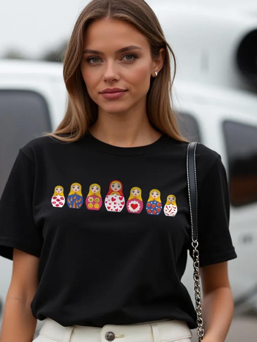 

Cute Matryoshka Doll Cartoon Print T-shirt for Women, Summer Style, Loose Fit, Stylish and Casual Top XXS