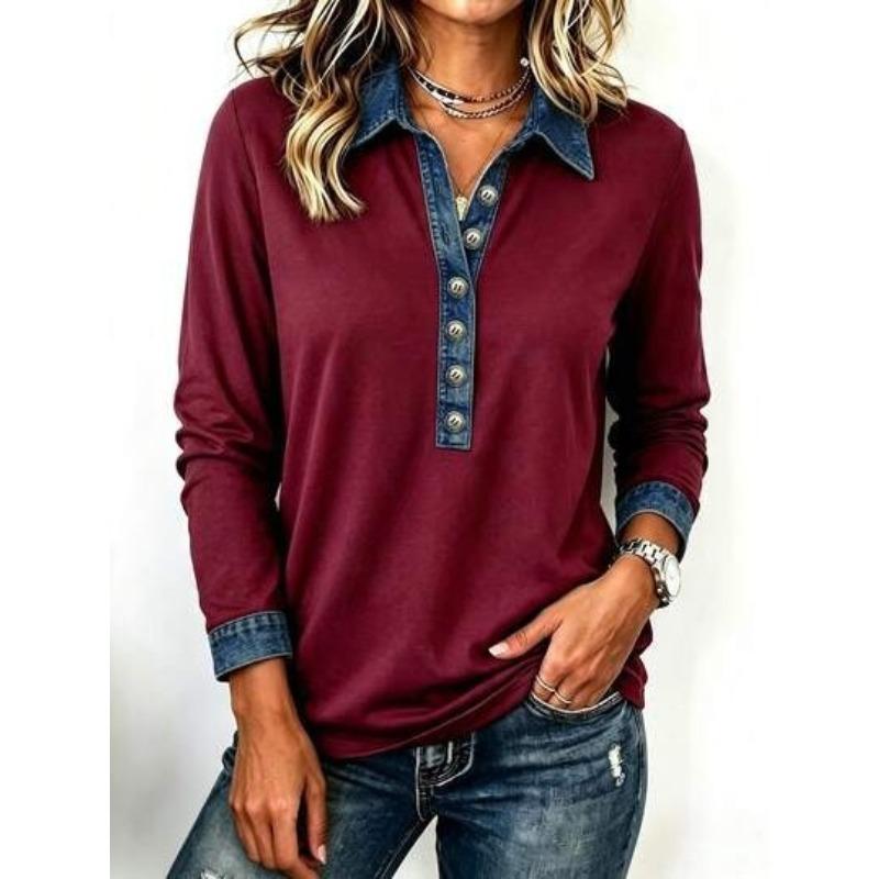 VEZFAA Damenmode, lässig, Frühling und Herbst, Farbblock-Druck, langärmelig, Polo-Ausschnitt, Blusen und Hemden