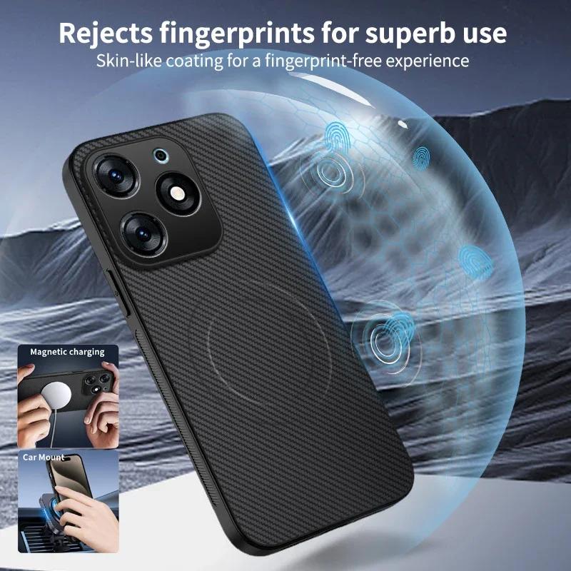 Carbon Fiber Pattern PU Leather Silicone Phone Case For Tecno Spark Go 2024 POP 8 Magnet Wireless Charging Soft Back Cover Cases