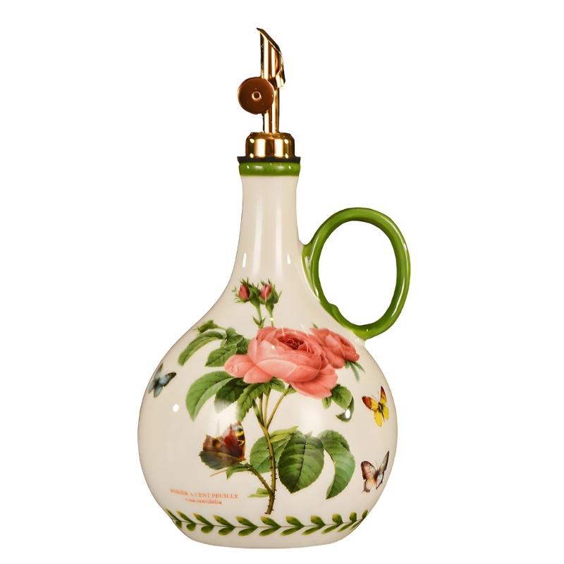Ceramic Kitchen Oil Bottle with Easy Grip and Metal Pour Lid, Counter Dispenser for Everyday Home Cooking and Display