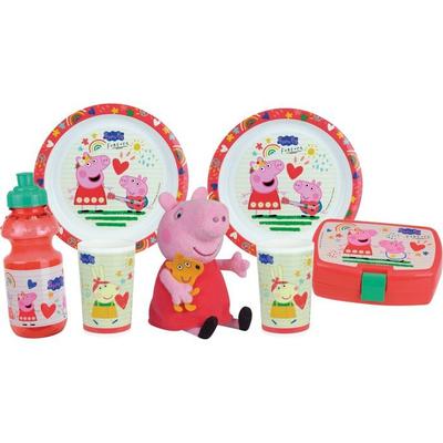 Lot Vaisselle - - PEPPA PIG - 2 Assiettes Creuses Ø 22 Cm, 2 Verres 220 Ml, Gourde 350 Ml, Boîte À Goûter Et Peluche 17 Cm