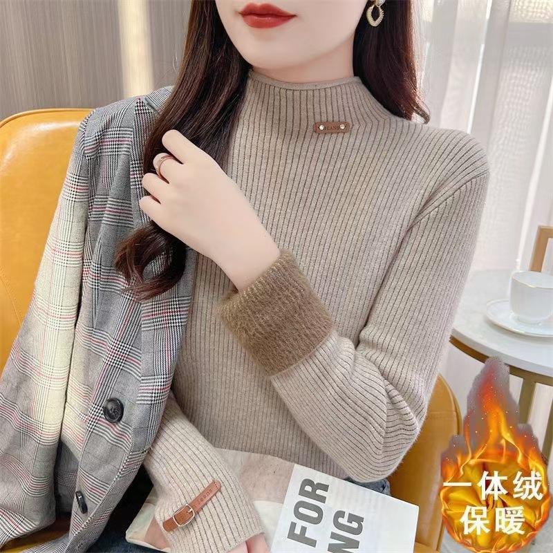 Autumn and Winter Sweater Solid Color Winter Base Knitted Sweater Women's Plush Knitted Velvet Inner High Collar