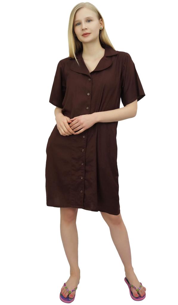 Bimba Women's Nightwear Beige Shirt Short Sleeve Dress With Pockets