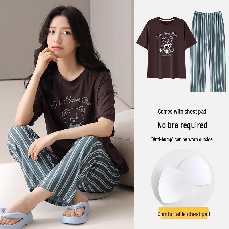 Women's Summer Modal Pajamas: Short Sleeve, Thin Style, with Chest Pads, Round Neck – Sweet Student Homewear