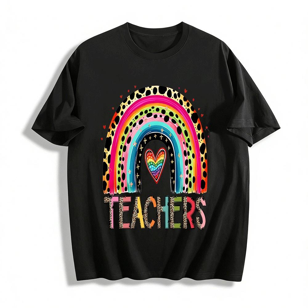 Leopard Rainbow Heart Print Teacher Themed Casual Top Pure Cotton T-shirt