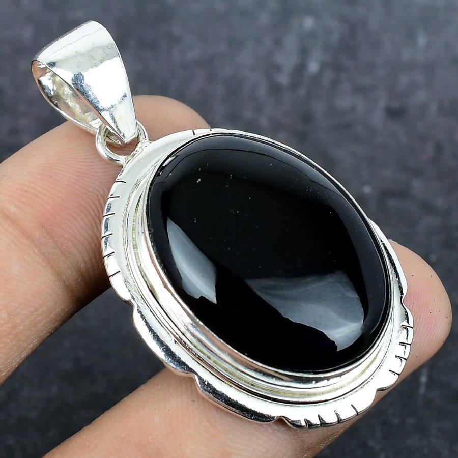 Black Onyx Gemstone Handmade 925 Sterling Silver Jewelry Pendant 2.05" W0j11