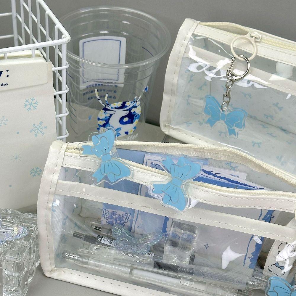 High Quality Butterfly Floral Print Pen Bag Transparent Double Layer Stationery Bag Large Capacity Pencil Case School Office