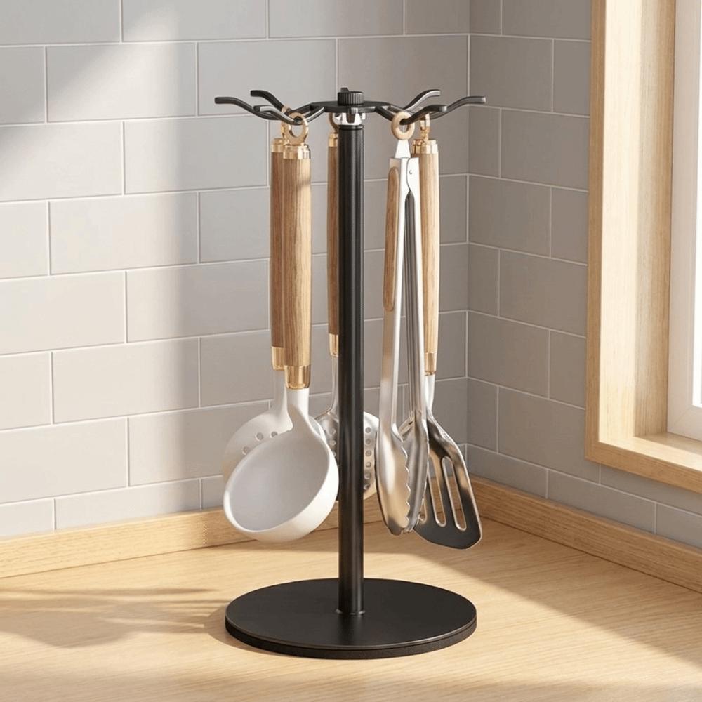 Carbon Steel Rotating Utensil Storage Rack 8 Hooks Spoon Hanging Rack  for Kitchen
