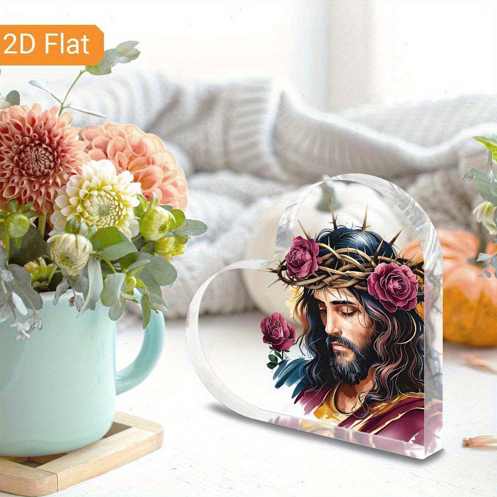1pc Heart-Shaped Acrylic Easter Ornament - Art Deco Jesus Design with Thorny Crown & Floral Accents, Inspirational Christian Desk Decor for Home