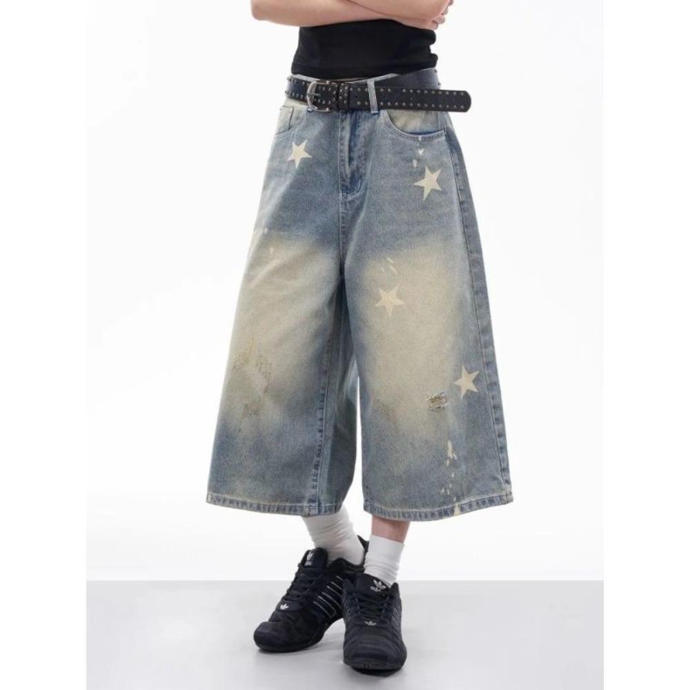 Women's High Rise Wide Leg Capri Jeans Loose Fit Vintage Star Printed Washed Denim Shorts