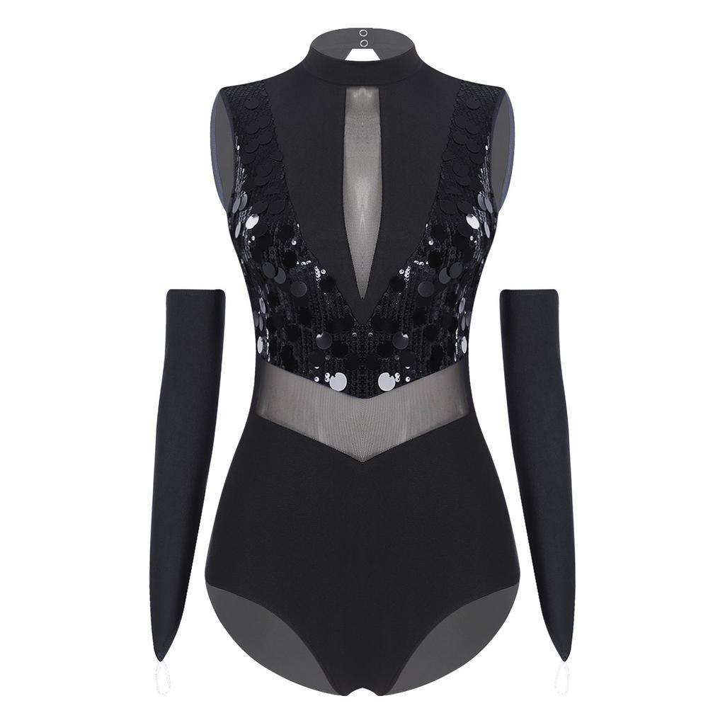 Women Shiny Sequin Leotard Gymnastics Dance Performance Outfit Mock Neck Sleeveless Sheer Mesh Waist Cutout Back Bodysuit