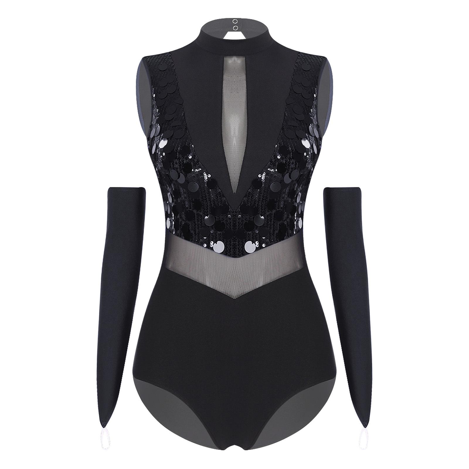 

Womens Mock Neck Sleeveless Leotard Shiny Sequins Color Block Sheer Mesh Waist Cutout Back Performance Bodysuit S чорний