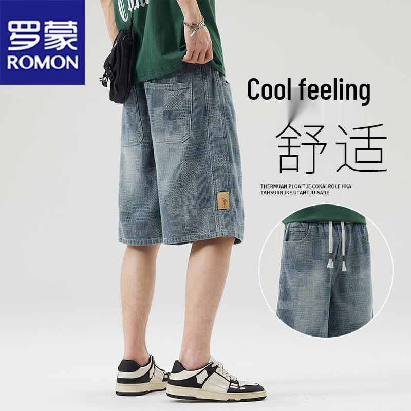 ROMON Men s Casual Loose Fit Denim Knee Shorts M