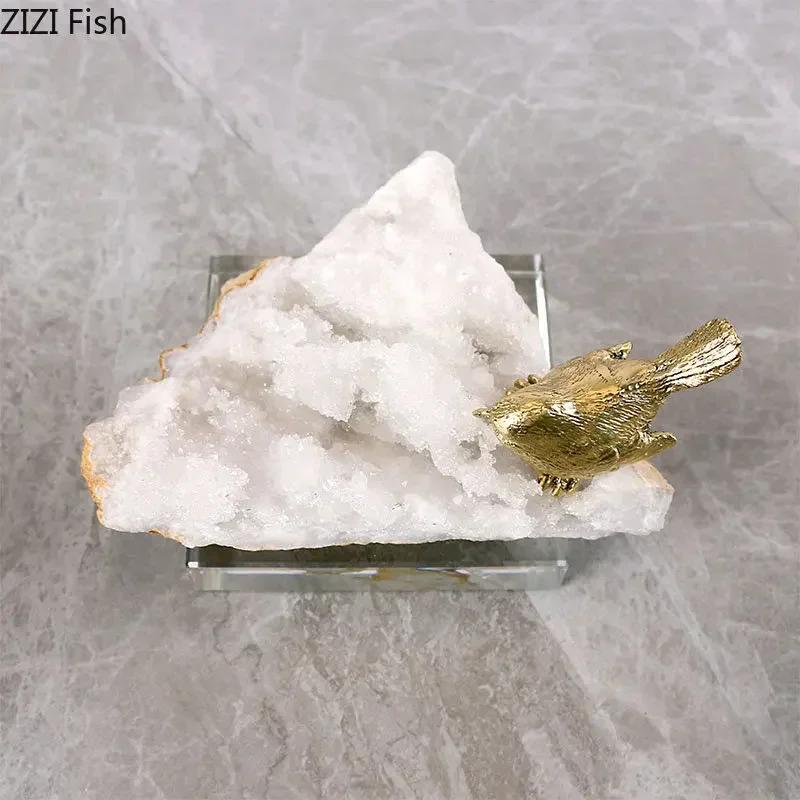 Golden Bird Artwork Ornaments Desk Decoration Transparent Crystal Base Gold-plated Bird Sculpture Crafts Room Aesthetics Decor