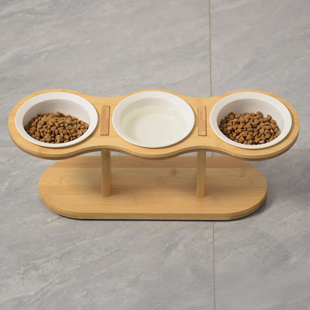 Pet Feeder Bowl Cat Food Bowl with Anti-Knockover Design Elevated Cat Feeder with Wooden Stand Feeding Dish Drinker Pet Supplies