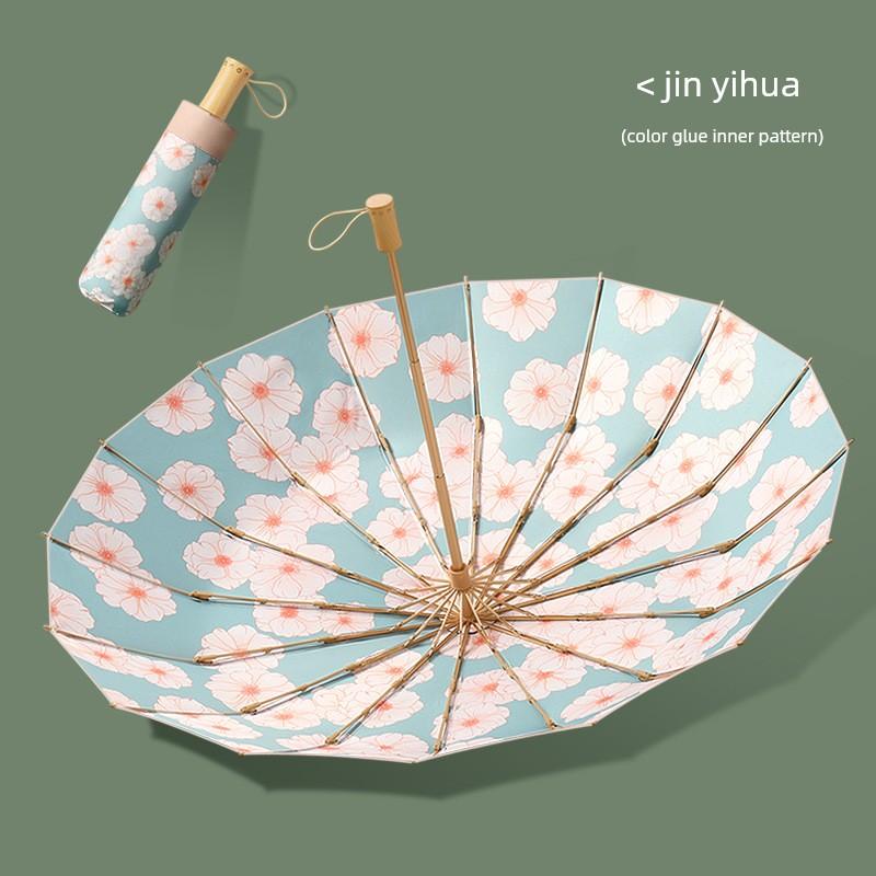16-Rib Manual Opening Umbrella with Wooden Handle, Vintage Style, Black Coating for Sun Protection, One Piece