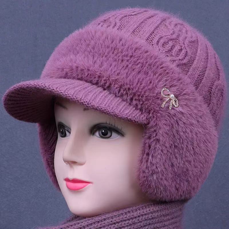 Knitted Earflap Hat For Seniors With Rhinestone Bow Decor For Autumn Winter