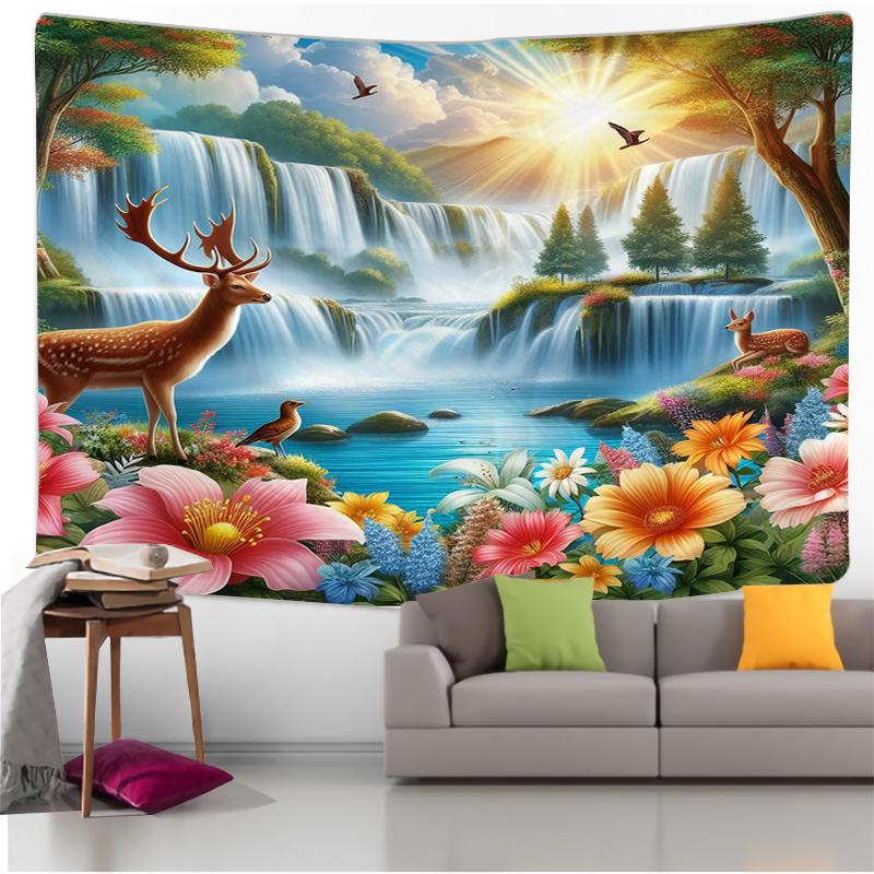 Nature Landscape Wall Tapestry Waterfall And Deer Art Sunny Forest Design Boho Decor For Living Room And Bedroom