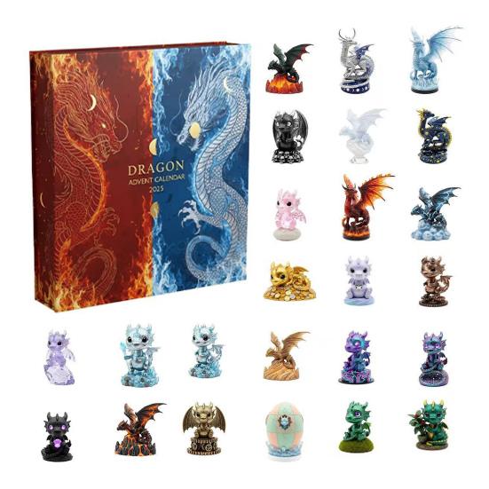 Dračí tématický adventní kalendář 2025 24 dní Akrylová ozdoba s překvapením Miniatury Vánoční odpočítávací dekorace na stromek a sváteční výzdobu