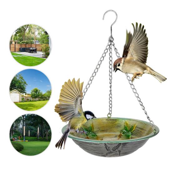 Hanging Metal Bird Feeder Weather-proof Outdoor Garden Patio Yard Hanging Bird Bath Watering Bowl Feeding Device with Detachable Chain