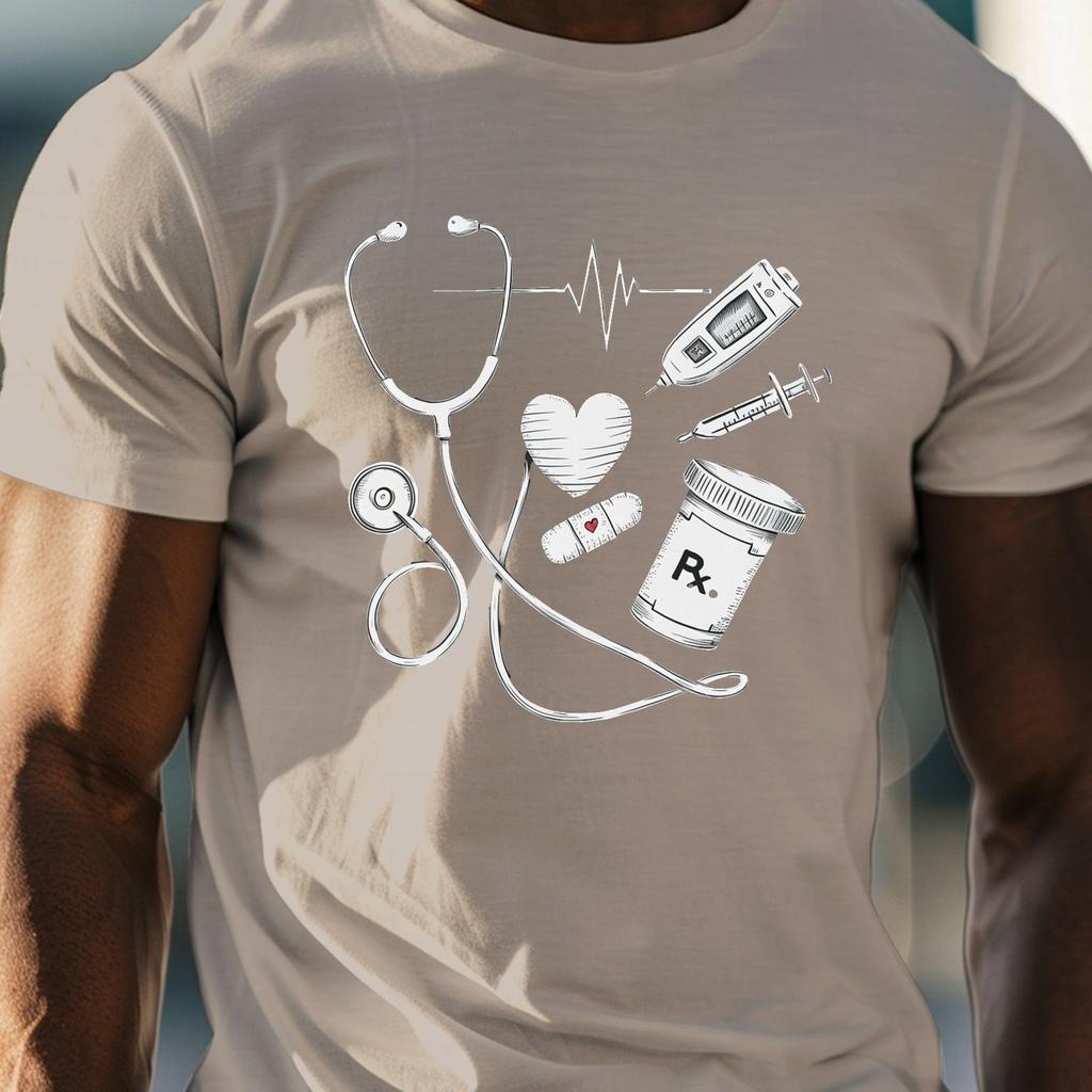 Medical Stethoscope Heartbeat Syringe Nurse Graphic Tee Mens Casual Short Sleeve Cotton TShirt