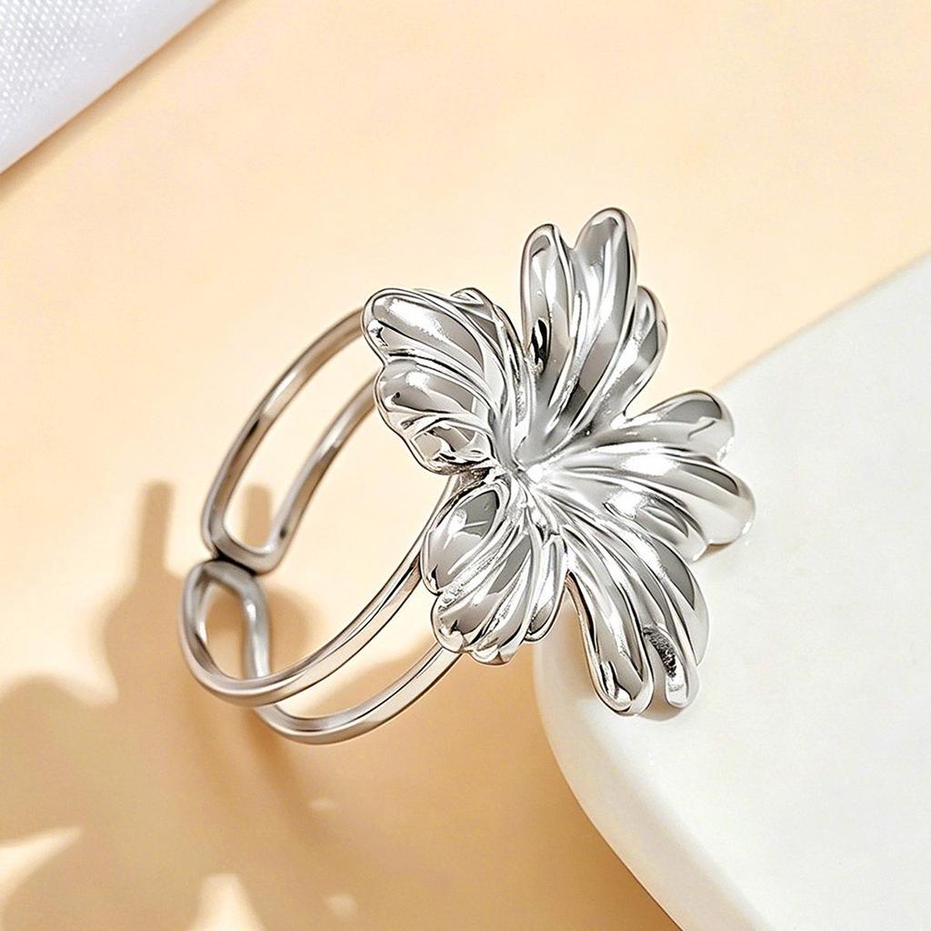 Stainless Steel Open Finger Ring with 18K Gold Flower Design