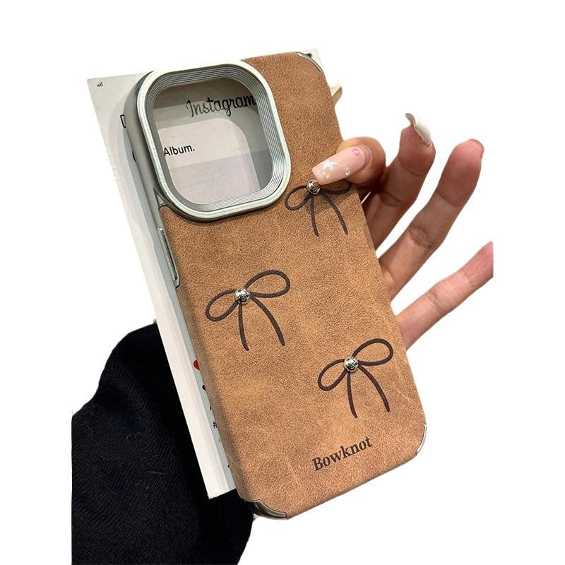 Retro Leather Brown Bow Suitable for Apple 16promax Mobile Phone Case IPhone 14 Anti Fall 13 11 12
