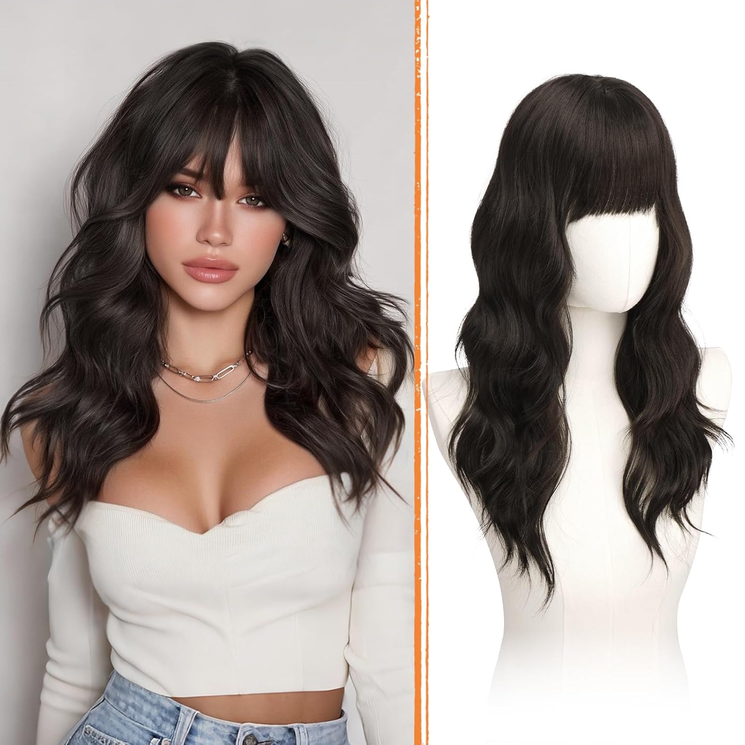 Brown Wigs Bangs 20 Inch Long Soft Wavy Natural Looking Synthetic Heat Resistant Non-Lace Hair Wig Women Daily Party Black (Black brown,20 inch) черный коричневый