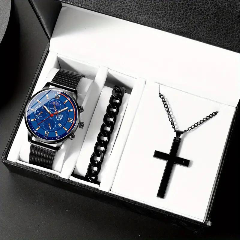 

3 шт./комплект модные мужские спортивные кварцевые наручные часы из нержавеющей стали с сетчатым ремнем и браслетом и ожерельем, мужские подарки