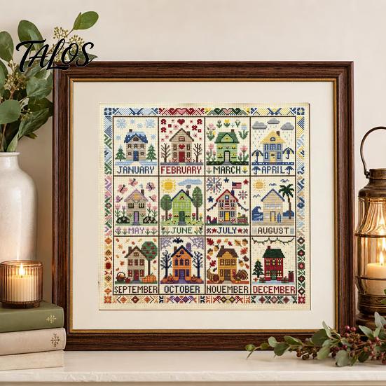 Twelve Month Decorative Wall Art 12-Month Cross Stitch Kit, DIY Four Seasons Embroidery Seasonal Monthly Kit Stamped Stitching Craft Set for