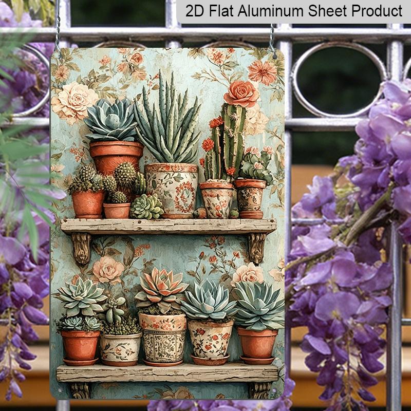2D Flat, Vintage Succulent Shelf Aluminum Sign - Retro Cactus Wall Decor Plant Shop, Greenhouse, Boho Home, Living Room, Office, Garden Decor